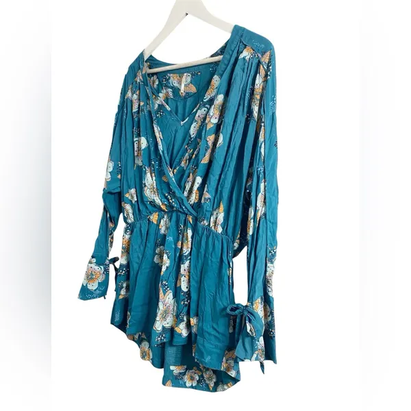 Free People Tuscan Dream Floral Tunic Dress V neck Blouse Teal Long Sleeve Femme - Image 12