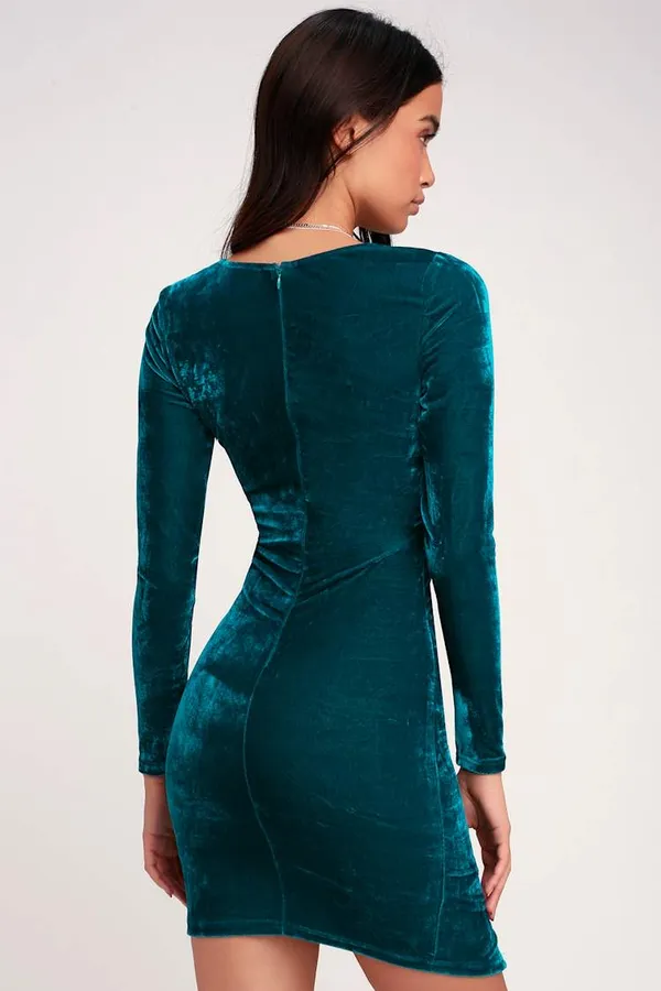 Lulus Sexy Velvet Blue Teal Ruched Long Sleeve Bodycon Dress- Sz M-Nwt - Image 4