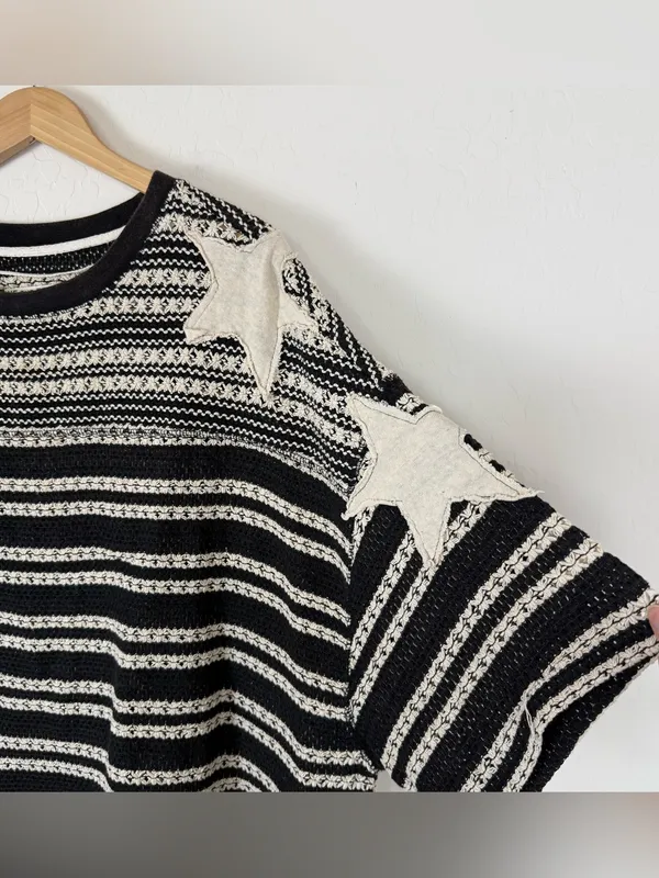 Free People We The Free Fun in the Sun Black & Cream Striped Star Knit Top - Image 8