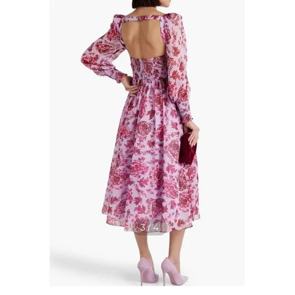 Badgley Mischka Floral‎ Chiffon Midi Dress Lavender Pink V-Neck Sz 2 Long Sleeve - Image 3