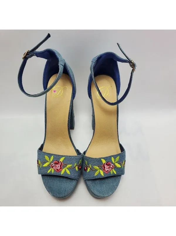Heart in D Blue Denim Floral Embroidered Platform Heels Sandals Size 8 - Image 7