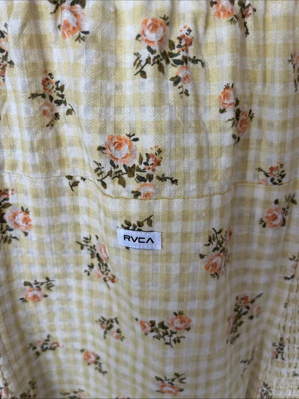 RVCA Gretel yellow gingham Floral smocked cottage puff Sleeve Mini Dress L - Image 9
