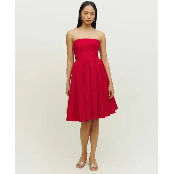 Reformation Buttercup‎ Dress Size 10 Red Fit and Flare Strapless Midi Formal - Image 2
