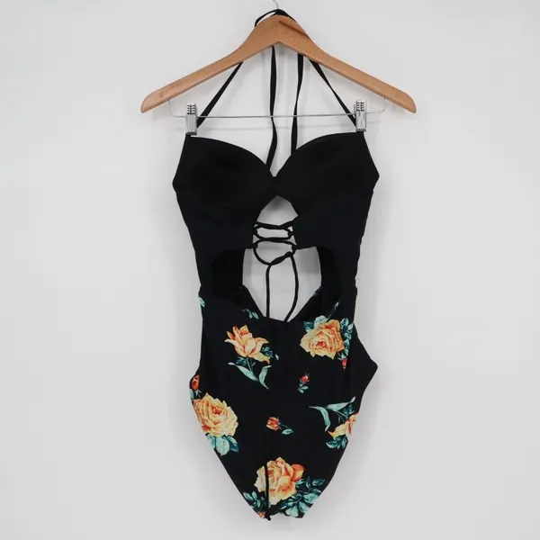 Cupshe One Piece Womens Small Black Floral‎ Stretch Padded Halter Neck Swimsuit - Image 5
