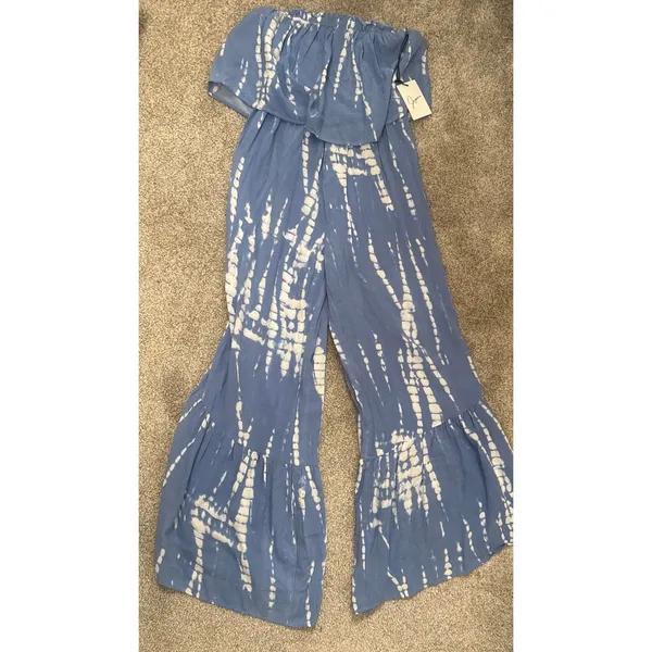 Japna NWT Strapless Tie Dye Jumpsuit XS Blue White Rayon Wide Leg Ruffle Boho - Image 2