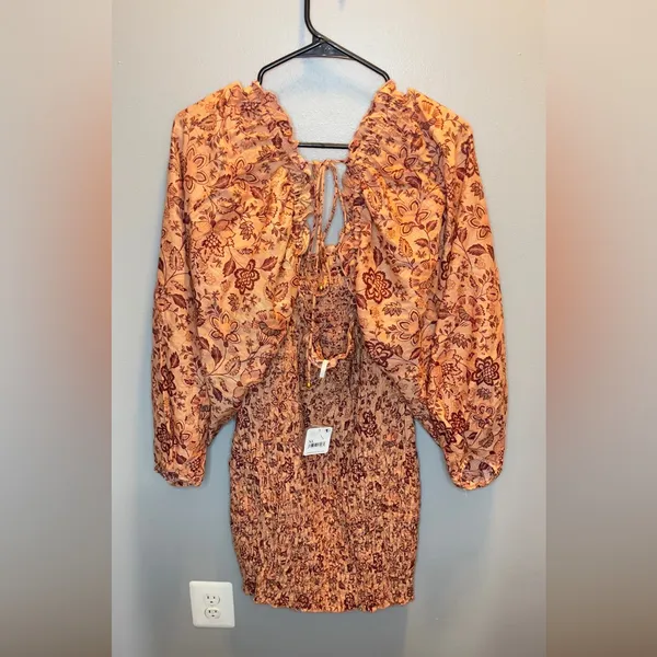 Free People NEW Smock It To Me Floral Puffed Sleeve Smocked Mini‎ Dress Size XL - Image 4