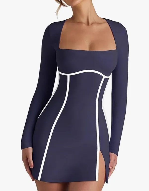 NEW Navy Blue Long Sleeve Square Neck Bodycon Side Slit Mini Dress M - Image 6