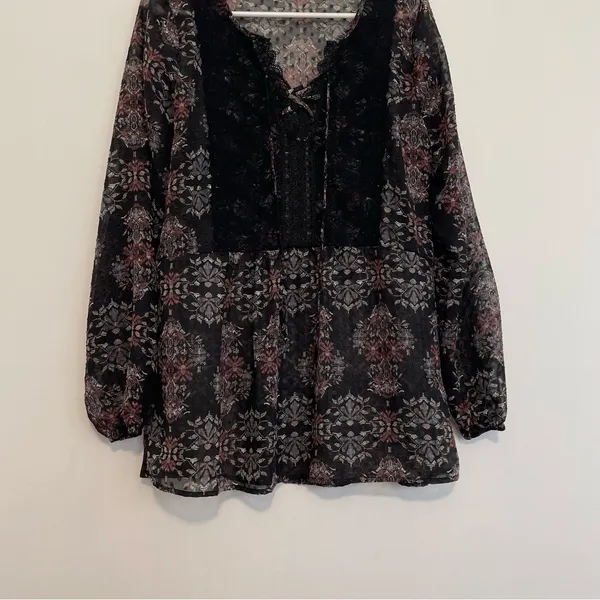 MAURICES Black Geometric Swiss Dot Crochet Lace Up Long Sleeve Peasant Top Tunic - Image 3
