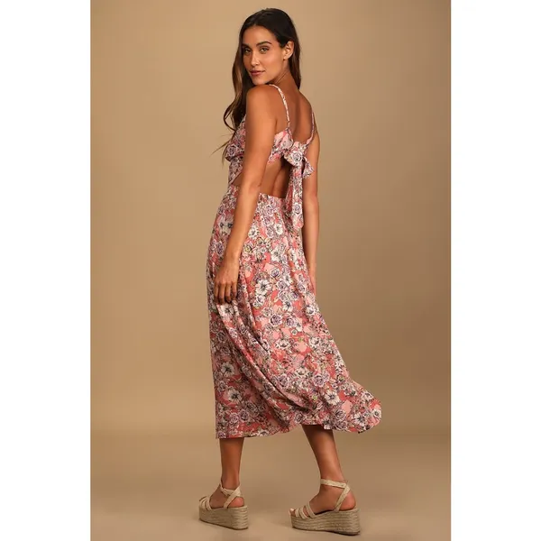 NWT Lulus Ties With You Rose Pink Floral Print Tie-Back Midi Dress Resort Sz XS - Image 3