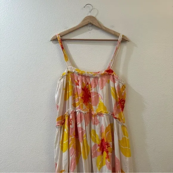 Free People‎ Women's Moonshine Linen Blend Floral Midi Dress Neutral Boho Size M - Image 4