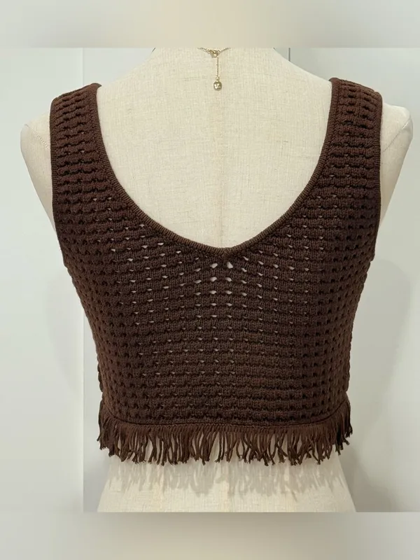 Reformation Lieta Open Knit Top Small Brown Crochet Festival Fringe Chic Fall - Image 5