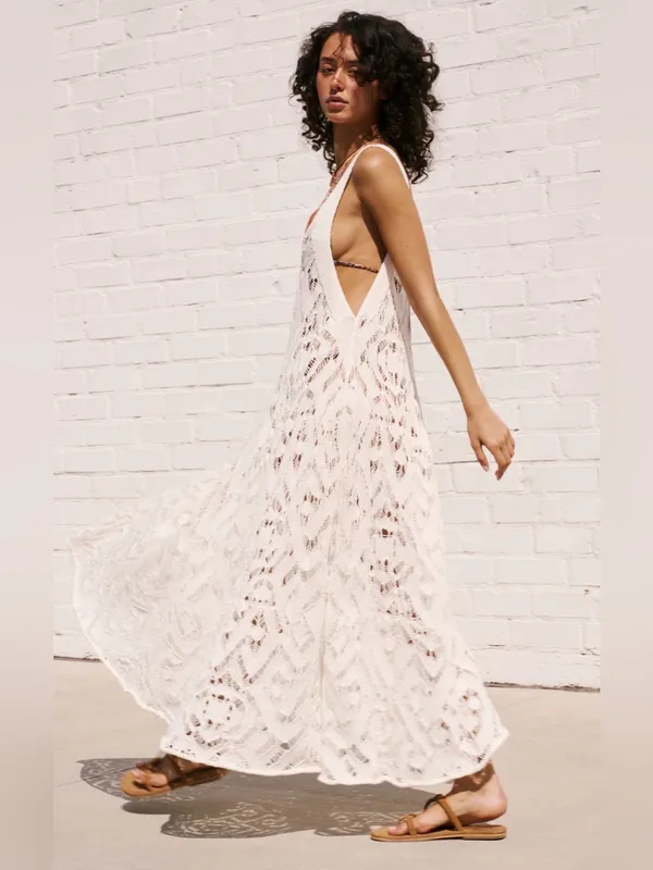 Free People Beach Bianca Fauxchet Crochet Flowy Midi Dress Ivory Large - Image 3