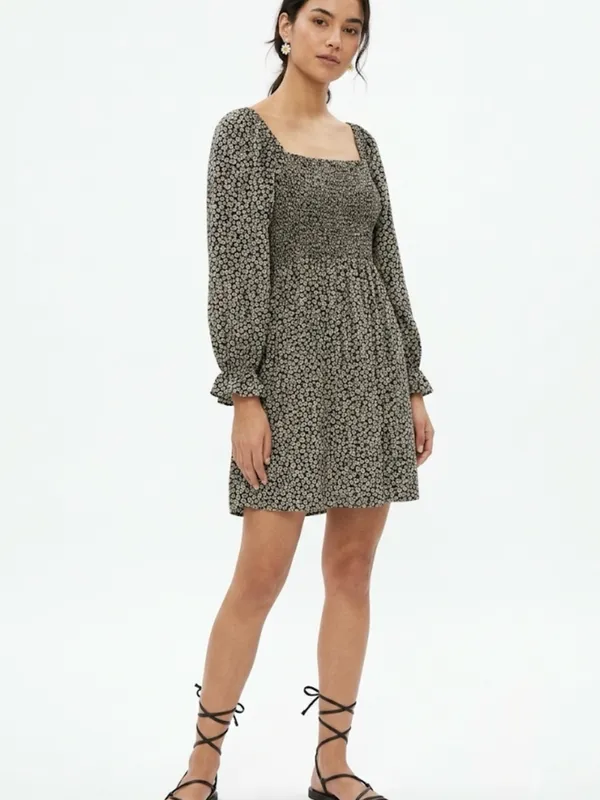 Madewell Black Floral Smocked Mini Dress Medium Cottagecore Puff Sleeve - Image 9