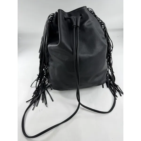 Victoria's Secret Black Pebbled Faux Leather Fringe Drawstring Bucket Bag Silver - Image 4
