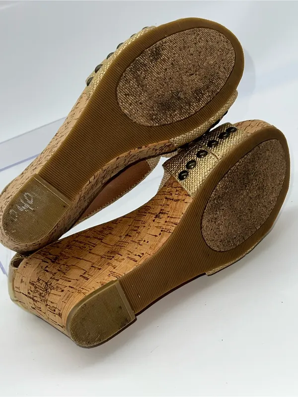Lucky Brand Gold Metallic Canvas Upper Wedge Cork Heels Size 6.5 - Image 6