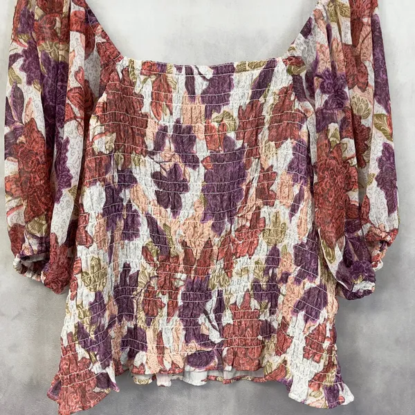 Old Navy Smocked Puff Sleeve Floral Top Women XXL Stretch‎ Flowy Cottage Boho - Image 5