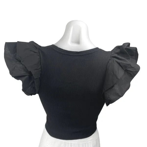 Zara Black Rib Knit Short Flutter Ruffle Sleeve V-Neck Slim Crop Blouse Top S - Image 2