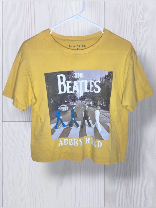Love Tribe THE BEATLES Abbey Road Graphic Crop Top in Mustard Yellow | Size M - Image 3