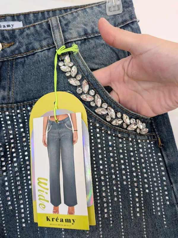 Rhinestone Embellished Wide Leg Jeans Dark Wash Bling Denim Size M - Image 10