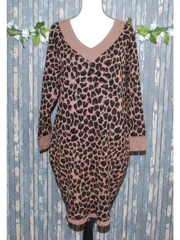 Cato Brown Leopard Animal Print Sweater Dress Size L Sexy Bodycon V-neck Stretch - Image 3