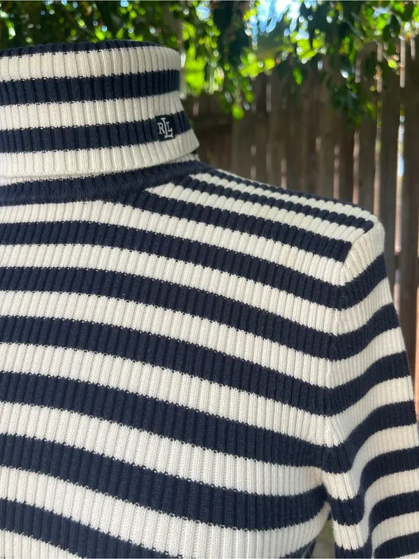 Lauren Ralph Lauren Striped Blue and white Turtleneck Sweater nautical coastal M - Image 2
