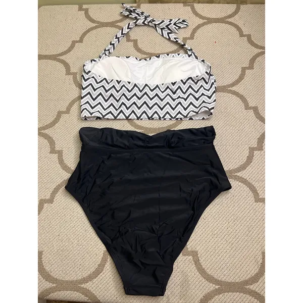 Cupshe Chevron Halter Bandeau & Multi Way Tummy Control Midkini Set, size large - Image 15