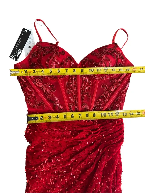 Unbranded Off shoulder Beaded Corset Slit Red Sequin Ruched Evening Gown Sz 6 A - Image 16