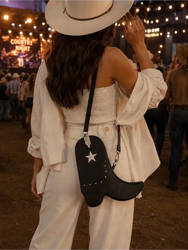 DS Black Cowboy Boot-Shaped Crossbody Bag with Star Accent - Image 2