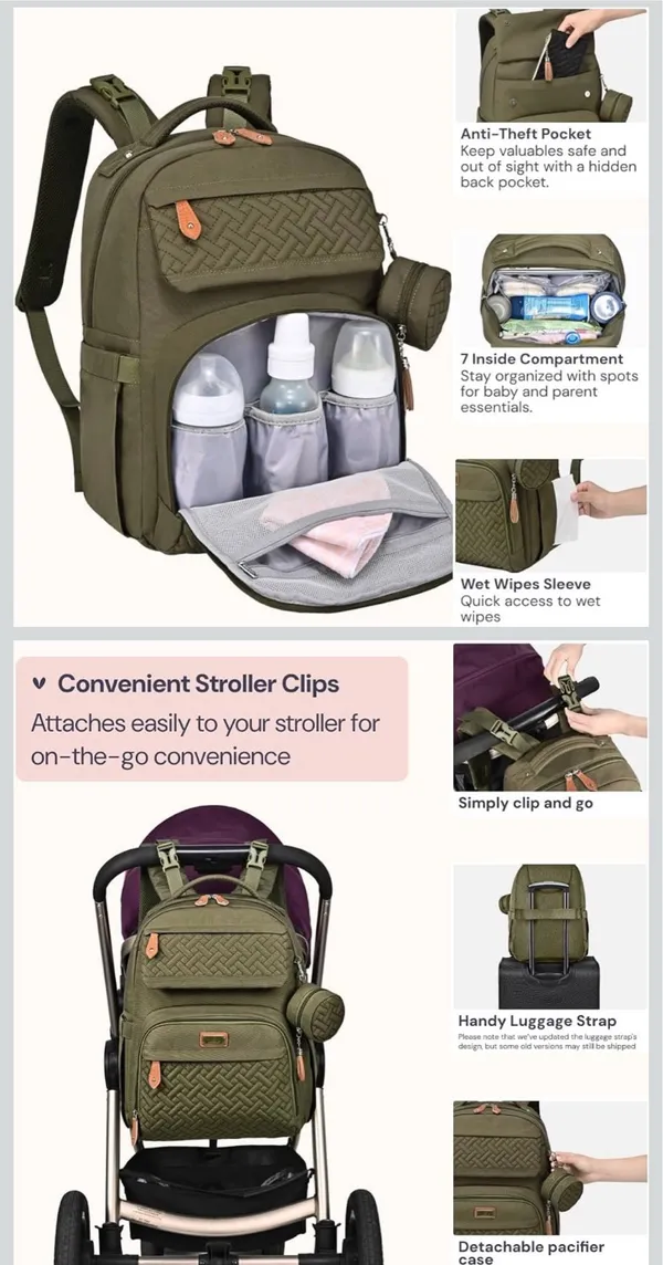 BabbleRoo Olive Green Quilted Baby Backpack Bag with Detachable Pouch - Image 3