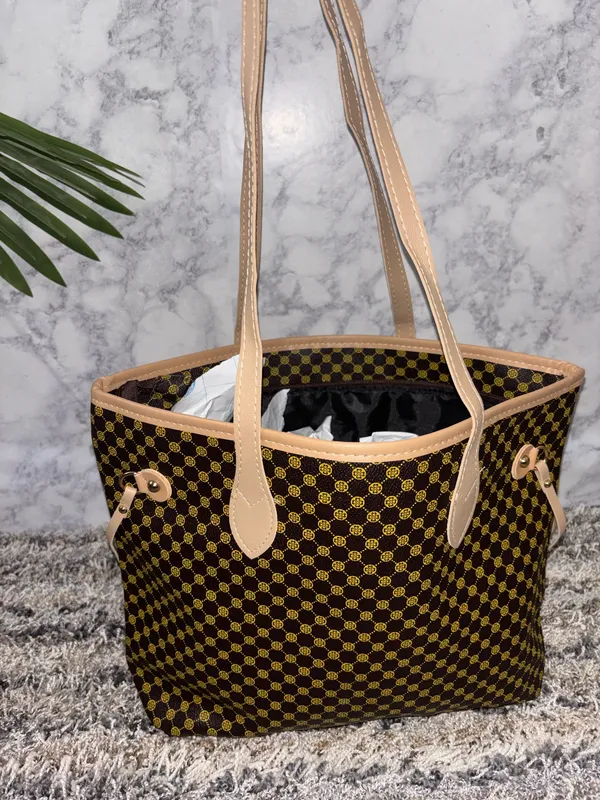 Brown Monogram Print Tote Bag with Beige Handles - Image 3