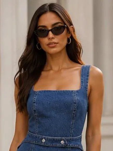 Avec Les Filles Denim Square-Neck Mini Dress in Blue - Image 2