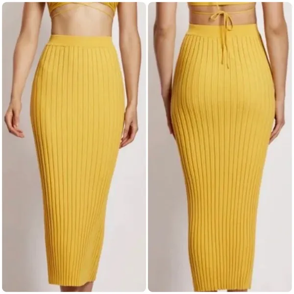 MESHKI Womens Bodycon High Waist Fitted Ribbed Knit Midi Skirt Size XS Yellow - Image 2