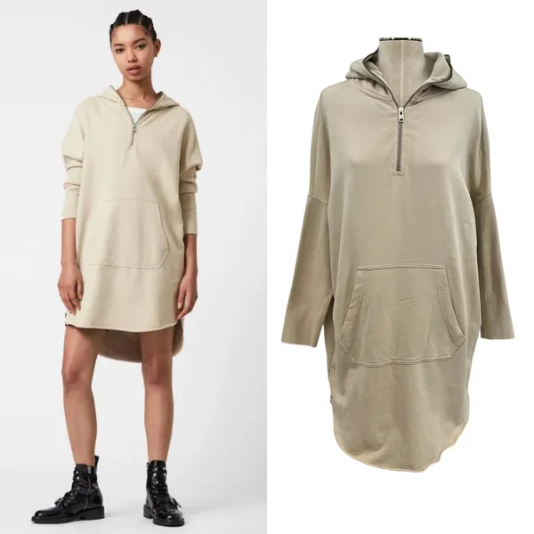 AllSaints Xonda Hoodie Dress Sweatshirt Zip‎ 1/4 Zip Beige Cream Size Small - Image 2