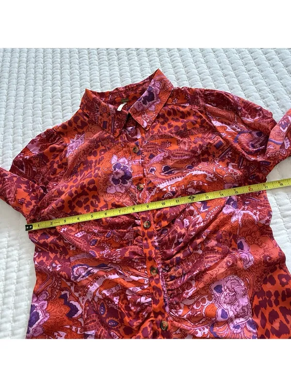 Free People Bianca S Small Button Up Top Red Orange Animal & Floral Print Boho - Image 5