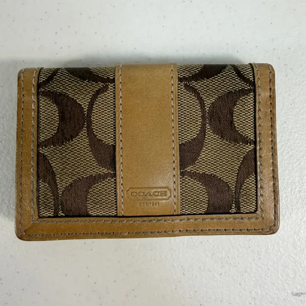 Coach Card Holder Signature Jacquard Leather Trim ID Holder Window Brown‎ Tan - Image 2