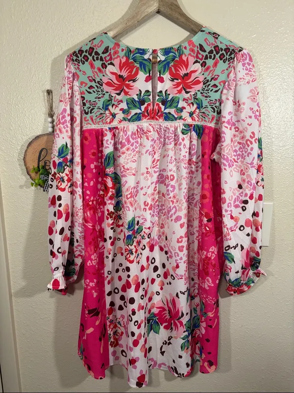 Umgee Boho Oversized Pink Floral & Tropical Leopard Print Top Size S - Image 5
