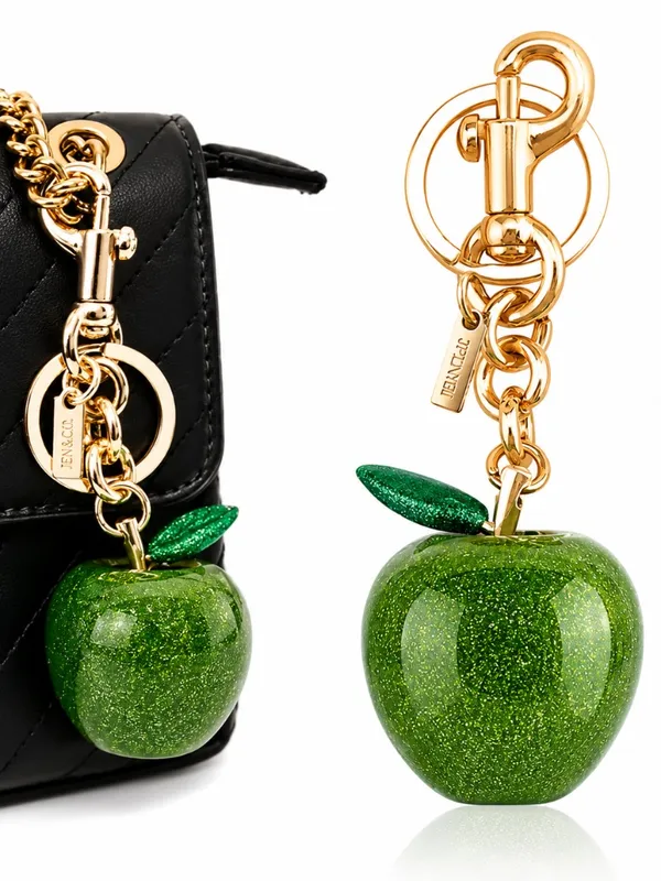 NEW Large Glitter Green Apple Keychain Bag Charm | Gold Hardware - Image 2