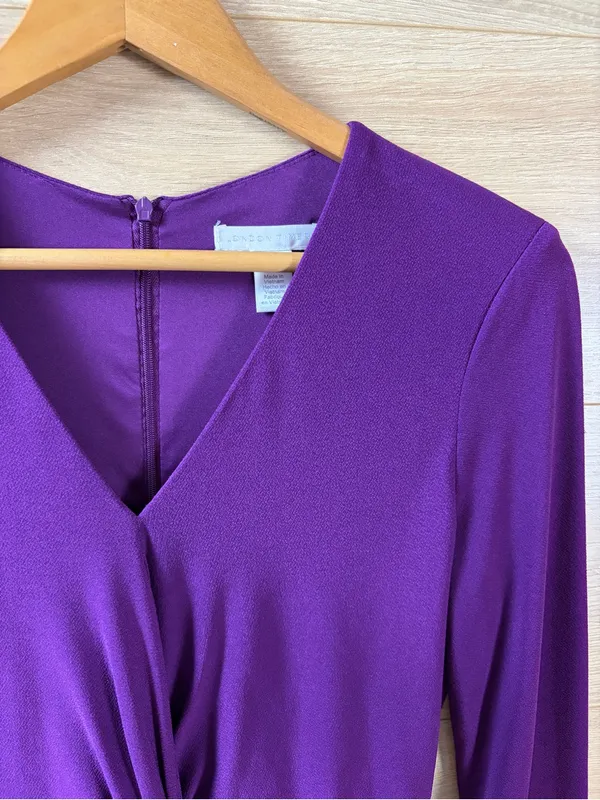 London Times Purple Twist-Front Long Sleeve Midi Dress 2 - Image 3