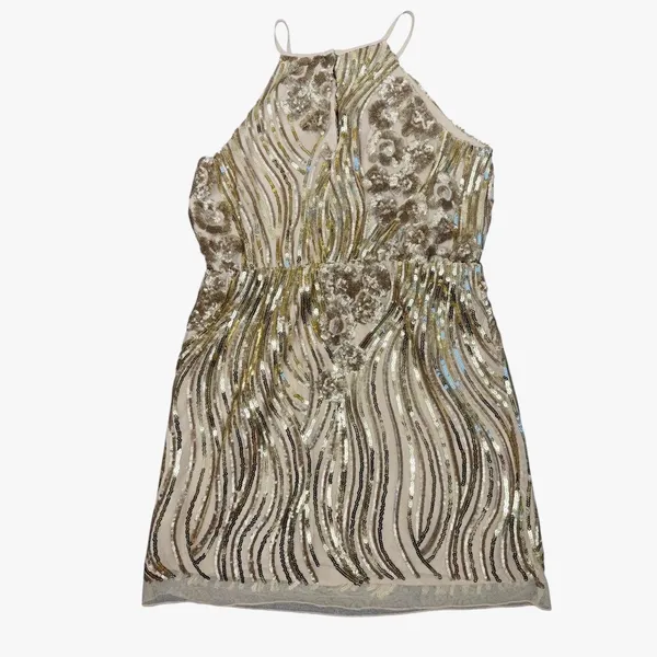 Sugar + Lip2 Sequin Mini Dress S Gold Champagne Cold Shoulder Keyhole Cocktail - Image 12
