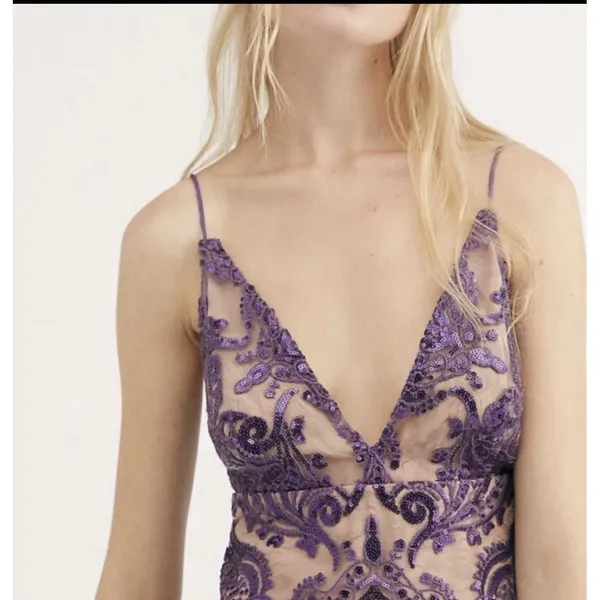 Free People Night Shimmer Sequin Mini Dress Purple Lace Nude Slip Size 0 $108.00 - Image 2
