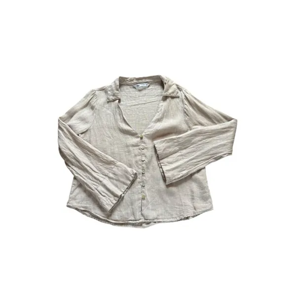 ZARA Linen Blouse Flared Bell Sleeves Button Up V Neck Beige Womens Small - Image 4