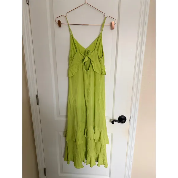 Lulus‎ Ruffle High-Low Midi Dress Women XS Chartreuse Lime Green Tie Back Boho - Image 5