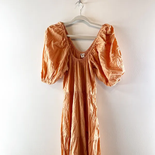 Billabong Endless Shore Puff Short Sleeve Tiered Maxi Dress Orange Peach Small - Image 5