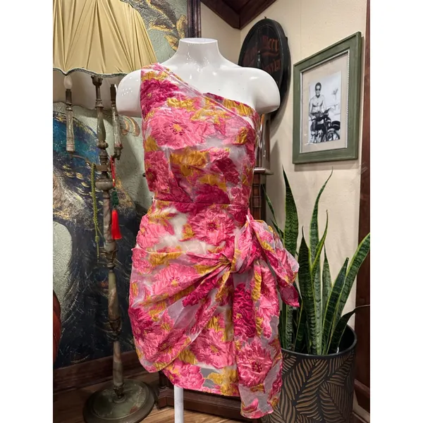 Showpo Brailey Dress One Shoulder Pink Gold Floral Jacquard Wrap Mini US 0 - Image 3