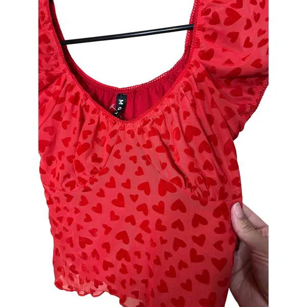 Motel Rocks Red Heart Velvet Mesh Off‎ Shoulder Ruffle Cap Sleeve Crop Top Size S - Image 2