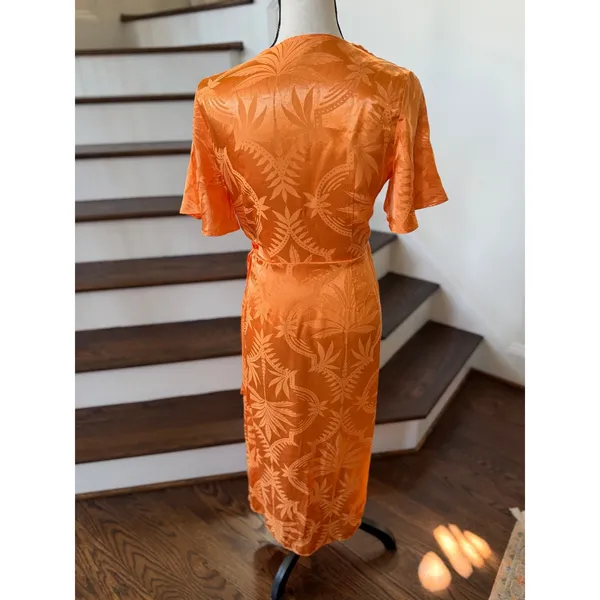NeverFullyDressed Apricot Orange Palm Vienna Short Sleeve Midi Satin Wrap Dress - Image 7