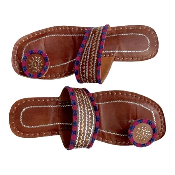 Kolhapuri Chappals Hand Embroidered Leather Flat Sandals Toe Ring 9 Brown - Image 8