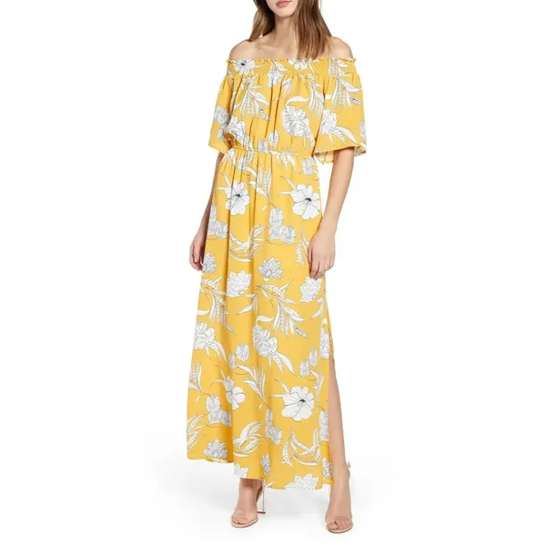 Code Mode NWT XS Mustard Yellow Floral Maxi Dress Off Shoulder Smocked Boho Slit - Image 2
