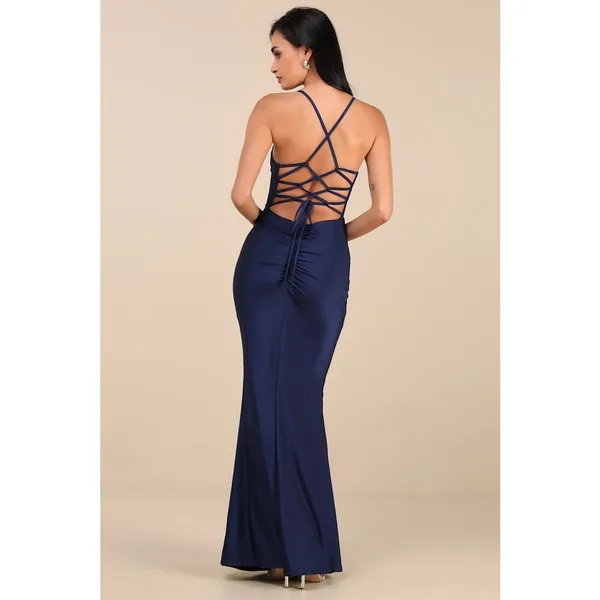 NWT Lulus Cute Definition Navy Slinky Knit Cowl Neck Maxi Dress Holiday Gala M - Image 3