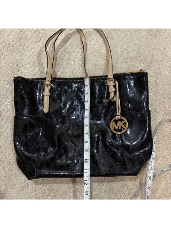 Michael Kors Black Patent MK Logo Tote Bag Shoulder Purse Large - Image 8